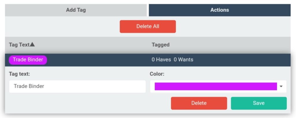 The Actions Tab on Cardsphere's Tag Manager.