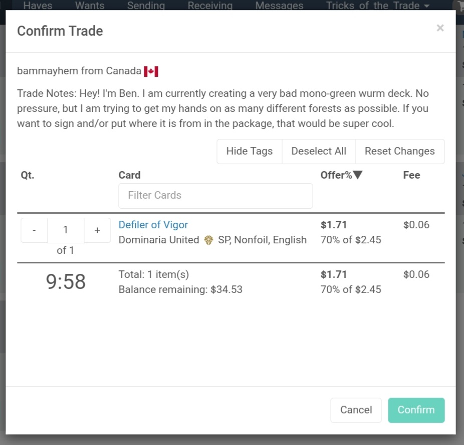 Screenshot of Trade Notes on Cardsphere.