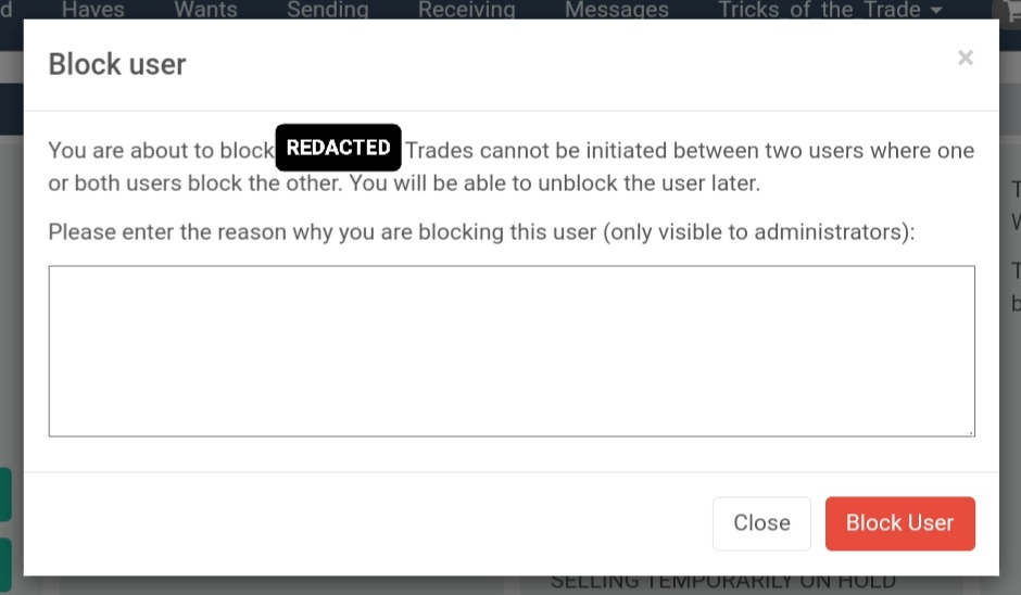 Cardsphere "Block User" screen.