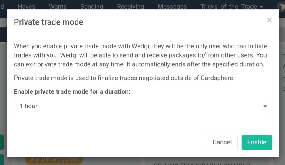 Activating Private Trade mode on Cardsphere.