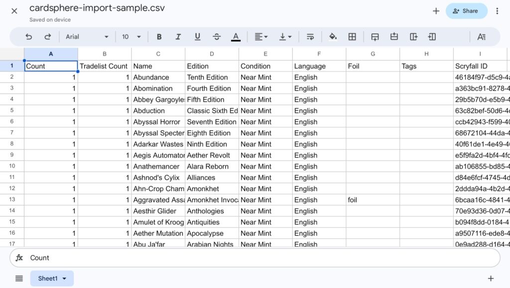 Screenshot of the Cardsphere sample CSV file.