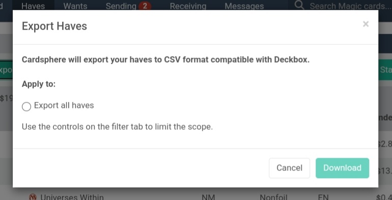 Screenshot of the Export Haves screen on Cardsphere.
