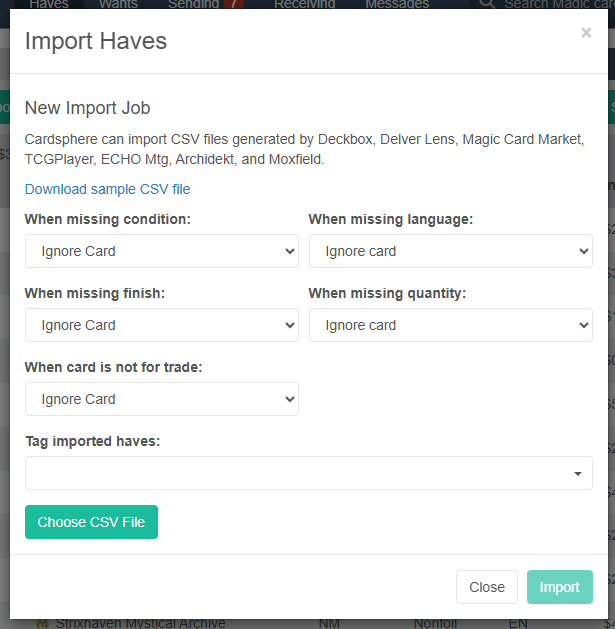 A screenshot of the Haves import tool on Cardsphere.