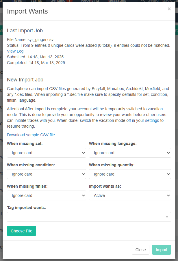 A screenshot of the Wants import tool on Cardsphere.
